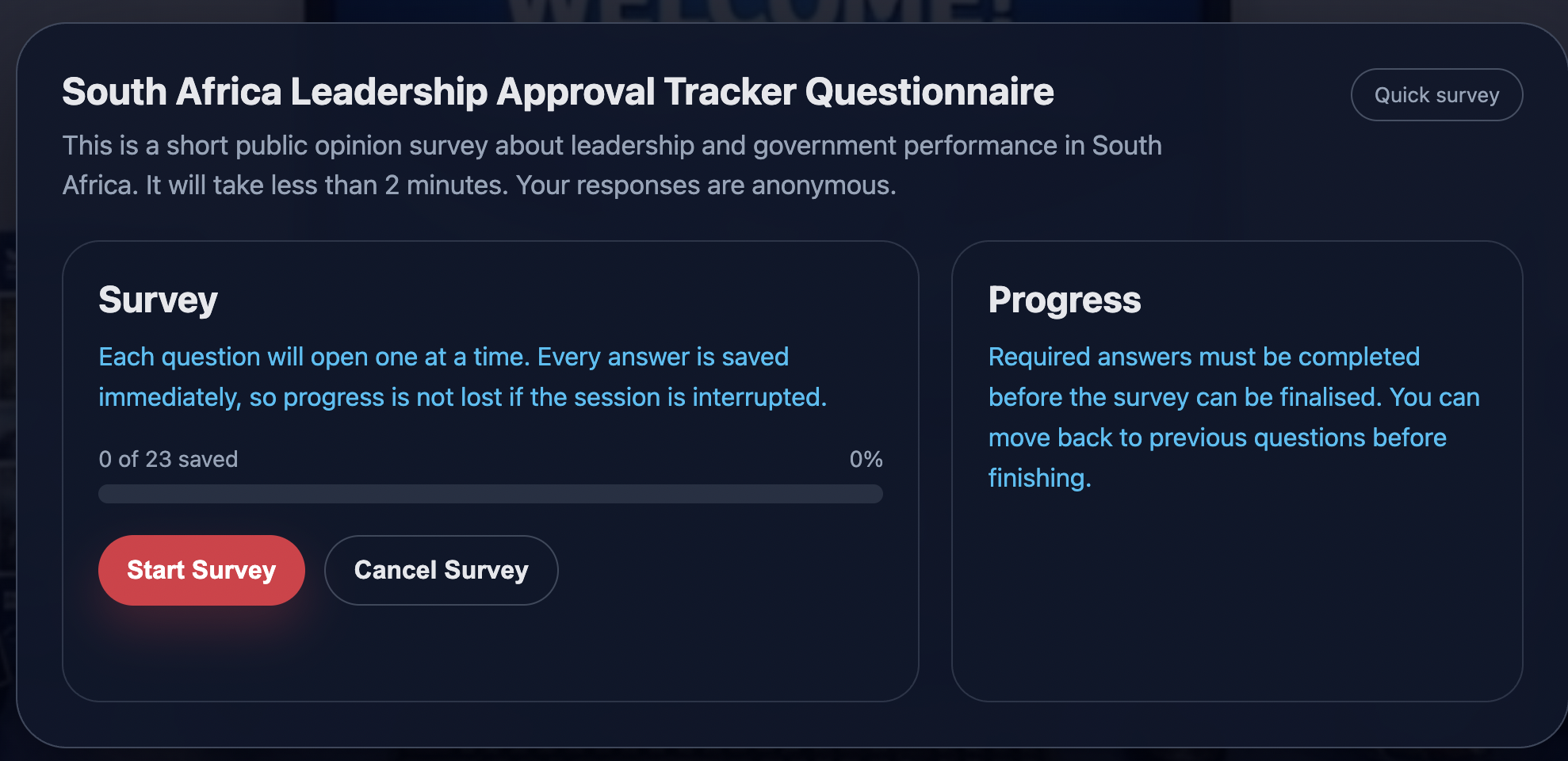 TrackPulse survey page before completion